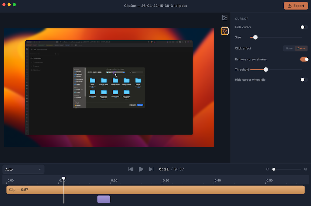 Before-and-after cursor path overlay on a recorded frame.