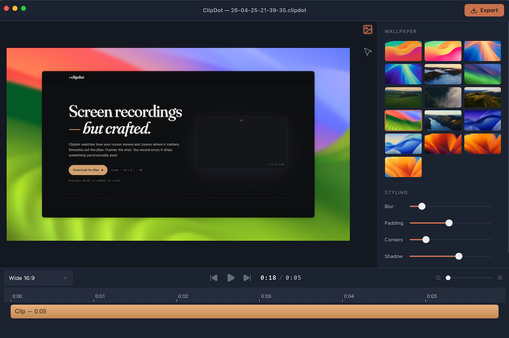 Clipdot editor preview showing a recorded clip with styled background, zoom track, and cursor overlay