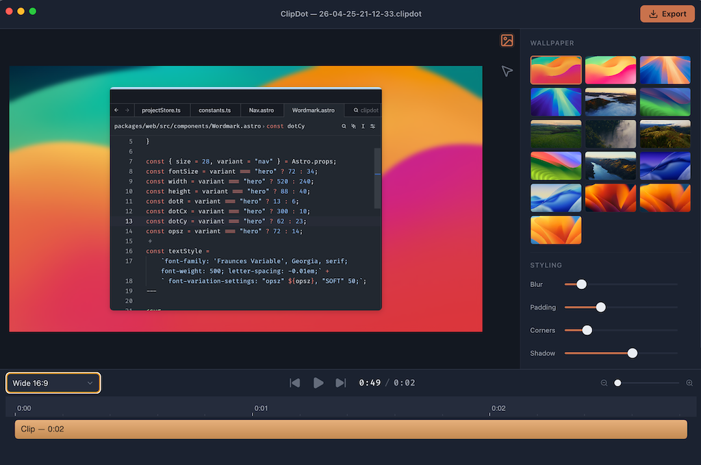 Clipdot sidebar showing background panel with sliders.